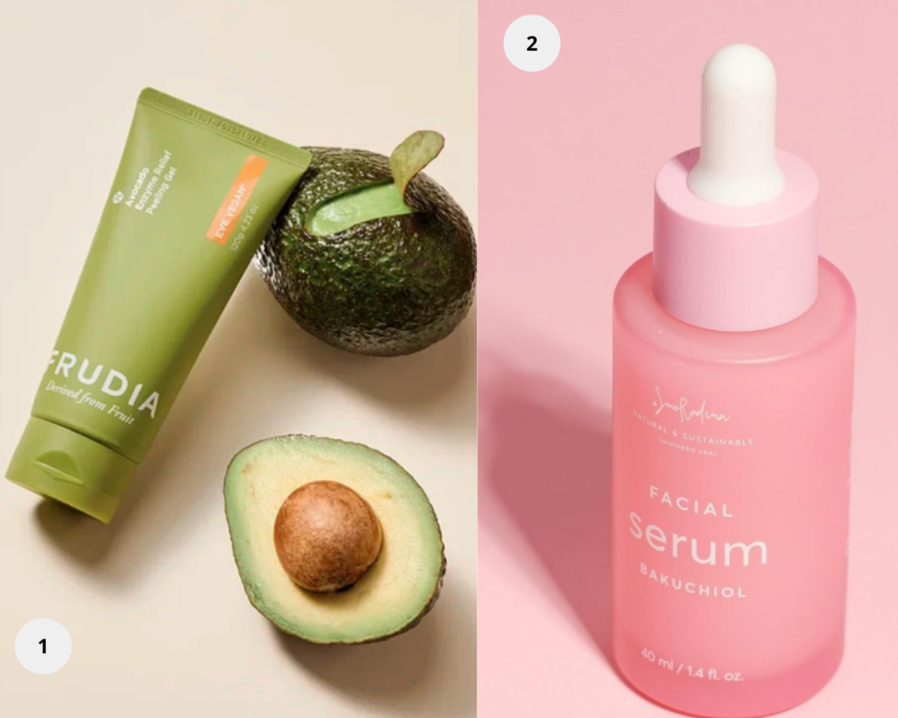 1. Frudia vegan пилинг-скатка с авокадо. 2. Сыворотка "Bakuchiol" антивозрастная подтягивающая с бакучиолом и биопептидами со 100% натуральным составом, SmoRodina.