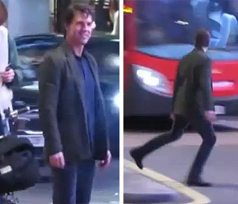 Тома Круза чуть не сбил автобус. Фото: www.youtube.com.