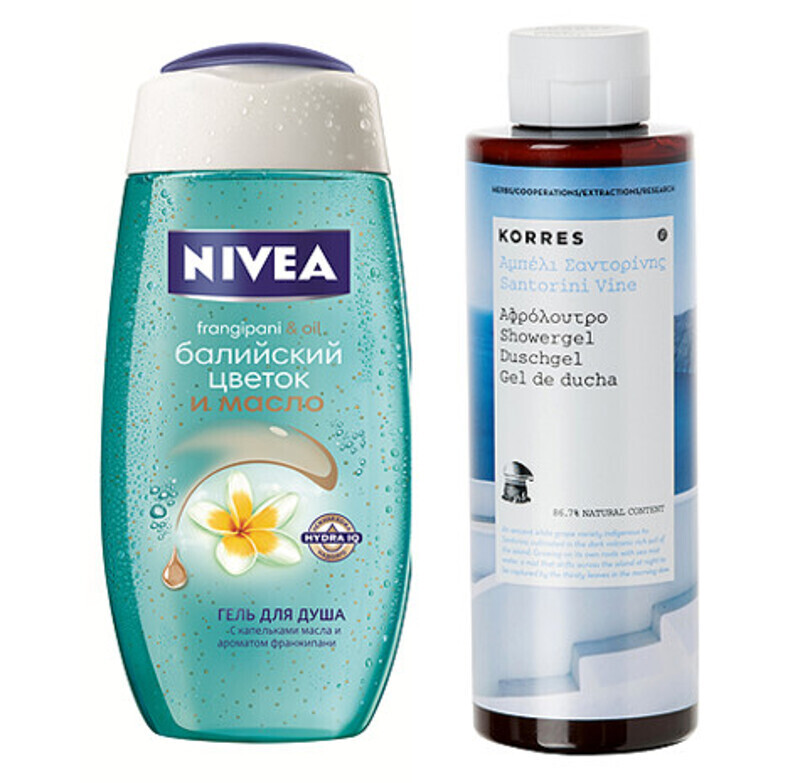 Гели для душа Santorini Vine от Corres и «Балийский цветок и масло» от Nivea. Фото: материалы пресс-служб.