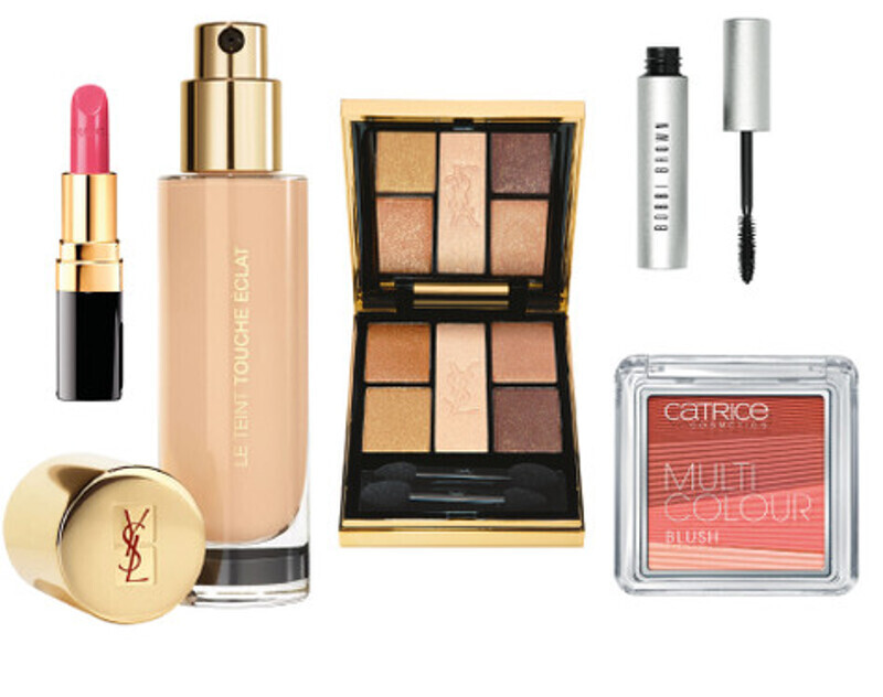 Пятицветная палетка теней Ombres 5 Lumieres, оттенок №3, YSL; тональная основа Le Teint Touche Eclat, YSL; помада Rouge Coco, CHANEL; тушь для ресниц Smokey Eyes Mascara, BOBBI BROWN; мультицветные румяна, CATRICE. Фото: материалы пресс-служб.