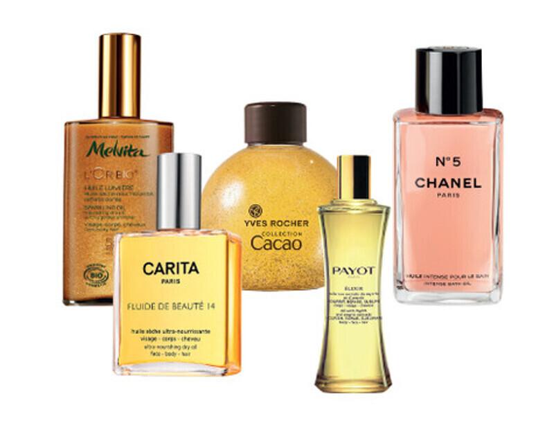 Масло для тела Yves Rocher, флюид для волос, лица и тела Carita, мерцающее масло для волос, лица и тела L'Or Bio от Melvita, масляный эликсир Payot, масло для ванны Chanel. Фото: материалы пресс-служб.