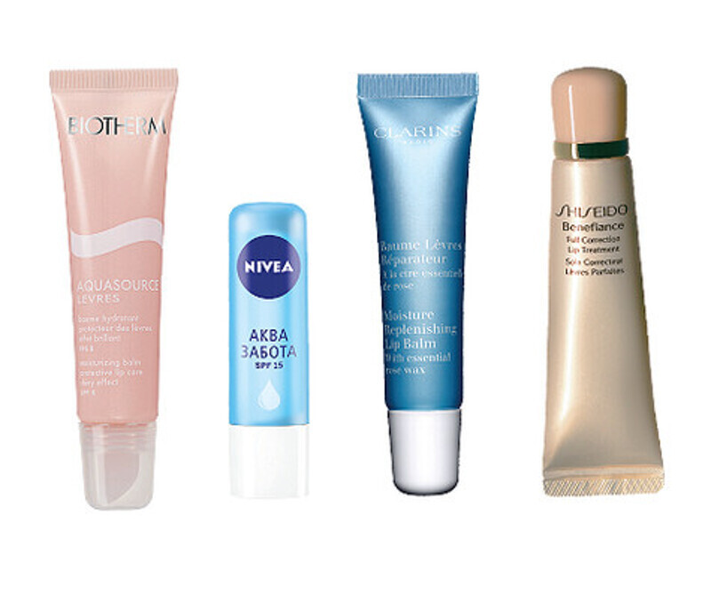 Uель Aquasourse Levres от Biotherm; бальзам «Аквазабота» от NIVEA; бальзам Baume Levres Reparateur от Clarins; крем-гель Benefiance Full Corrector Lip Treatment от Shiseido.