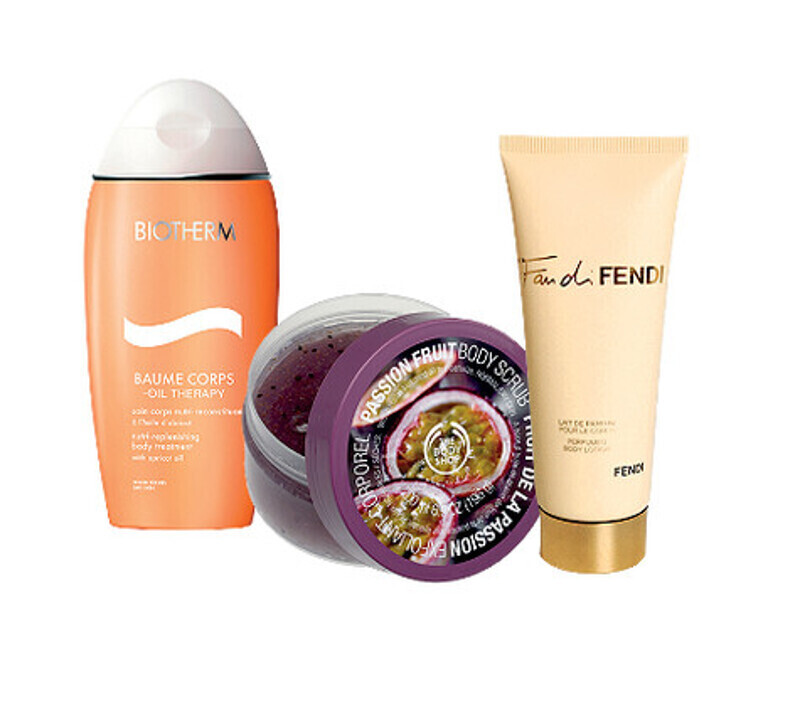 Скраб для тела The Body Shop, лосьон для тела Fan Di Fendi, лосьон для тела Biotherm, масло для тела Caudalie. Фото: материалы пресс-служб.